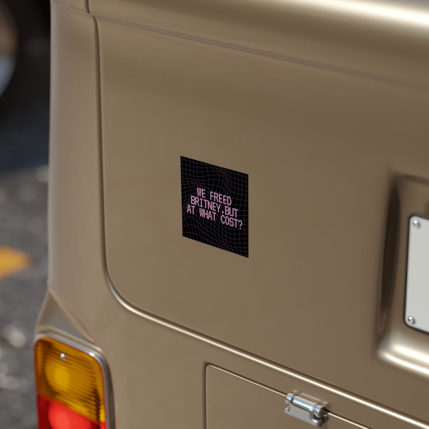 Square Sticker — “We Freed Britney, But At What Cost?” Retro Grid Transparent Outdoor Sticker