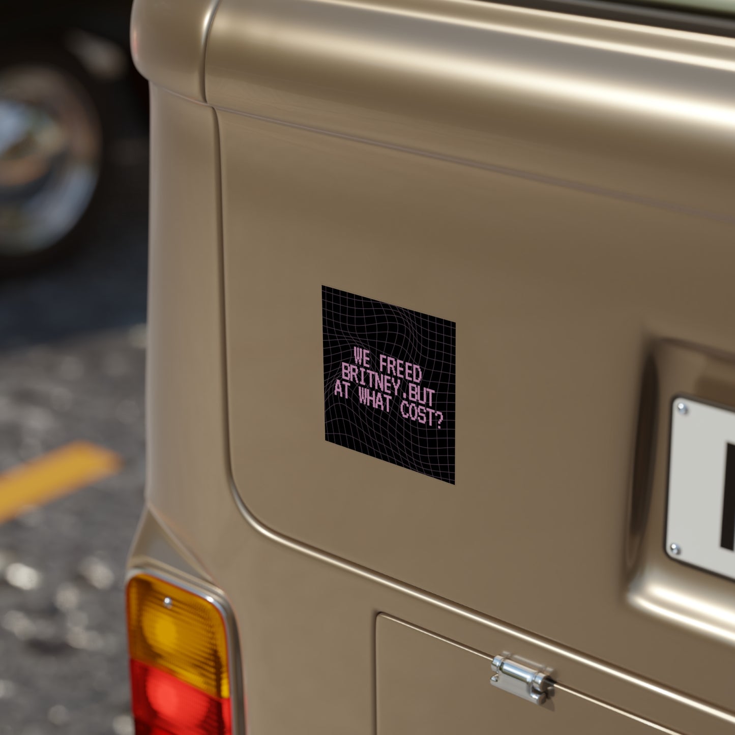 Square Sticker — “We Freed Britney, But At What Cost?” Retro Grid Transparent Outdoor Sticker